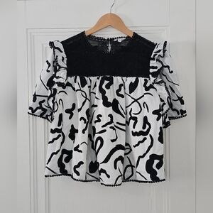 Boutique Black And White Top With Crochet Detail Size L, 100% Cotton, Euc, Lined